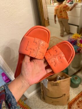Tory Burch Kids Coral Orange Logo Slide Sandals